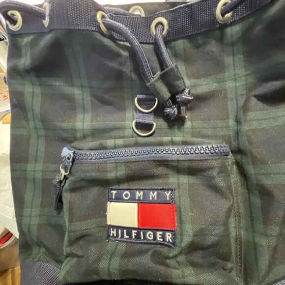 1990s Tommy‎ Hilfiger Plaid Backpack Navy Green Big Flag Logo Spellout Korea VTG - Picture 10 of 16